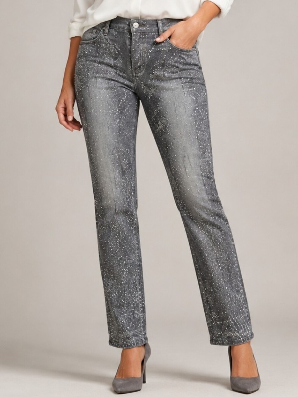 NWT VS Pencil Gray Sparkle Distressed Cotton Spandex Blend Mid Rise Denim Sz 12